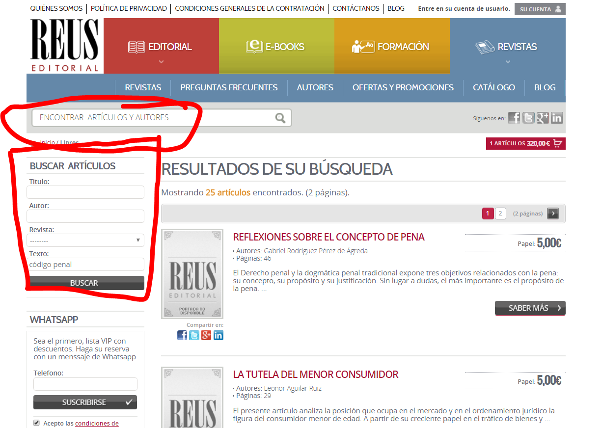 El buscador de artículos se encuentra en la página de revistas de Editorial Reus